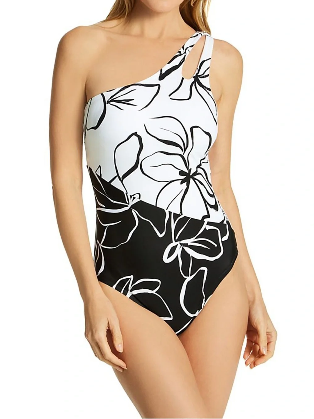 🟠NWT LA BLANCA Moonlit Silhouette One Shoulder Keyhole Swimsuit in Black/White
